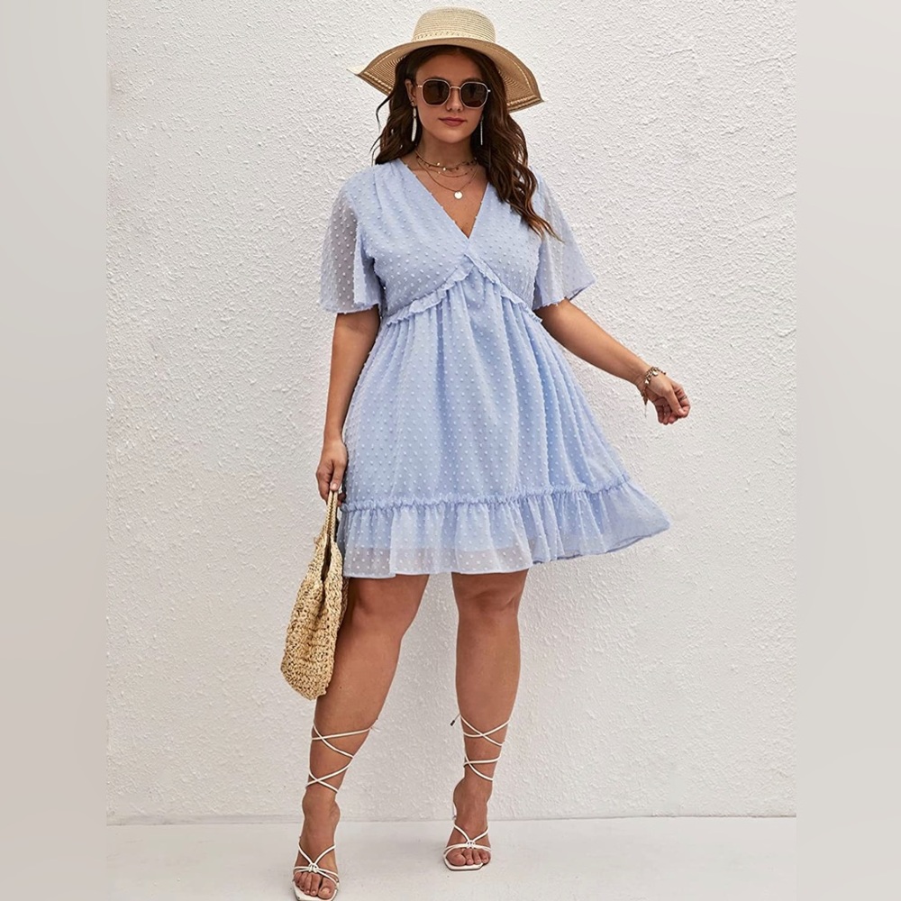 Women's Plus Size Deep V Neck Swiss Dots Short Sleeve Ruffle Hem Chiffon Dress